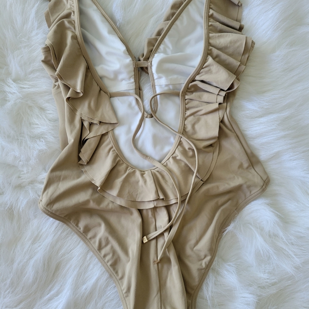 MICHAEL Michael Kors Khaki Ruffle Deep V One Piece Swimsuit 8 NWT - Picture 7 of 11